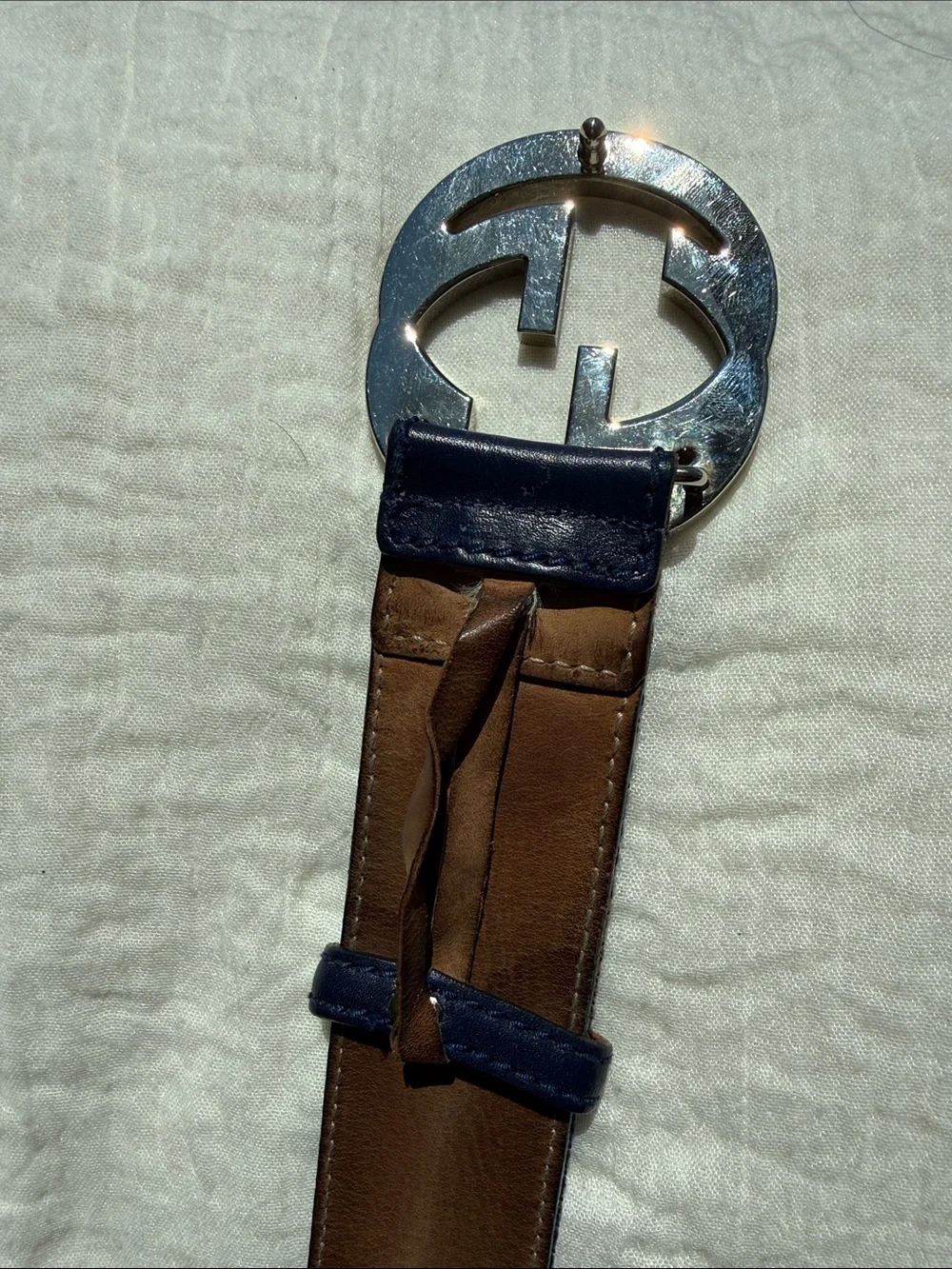 Gucci Navy Web Belt with Silver Double G Buckle